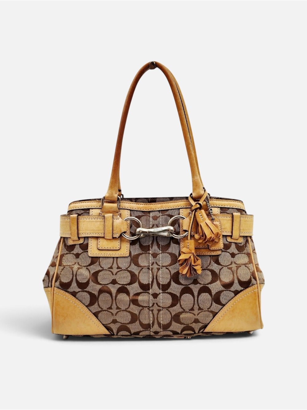 Coach Signature Canvas Horsebit Buckle Shoulder Tote Bag Brown Beige
